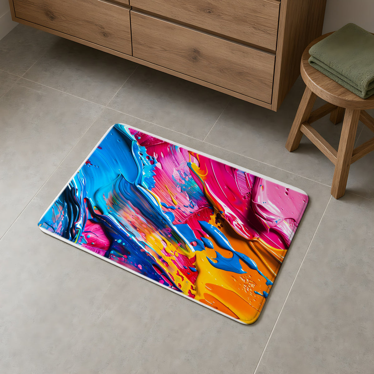 Rainbow Paint Smear Bath Mat on a grey tiled bathroom floor