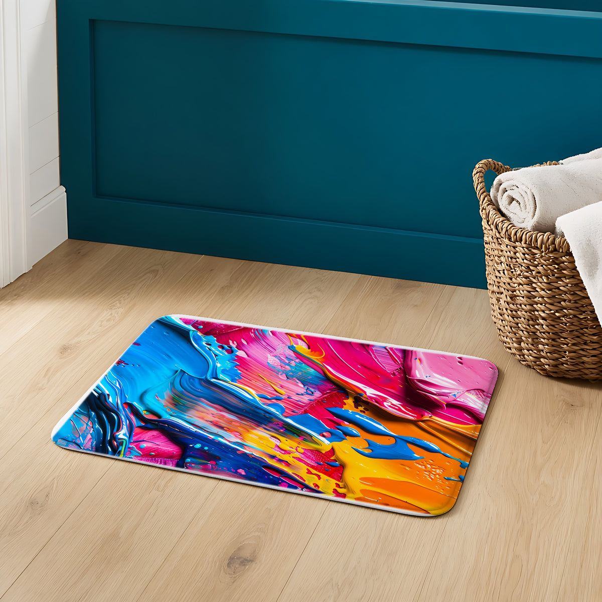 Rainbow Paint Smear Bath Mat on an oak floor in a teal bathroom