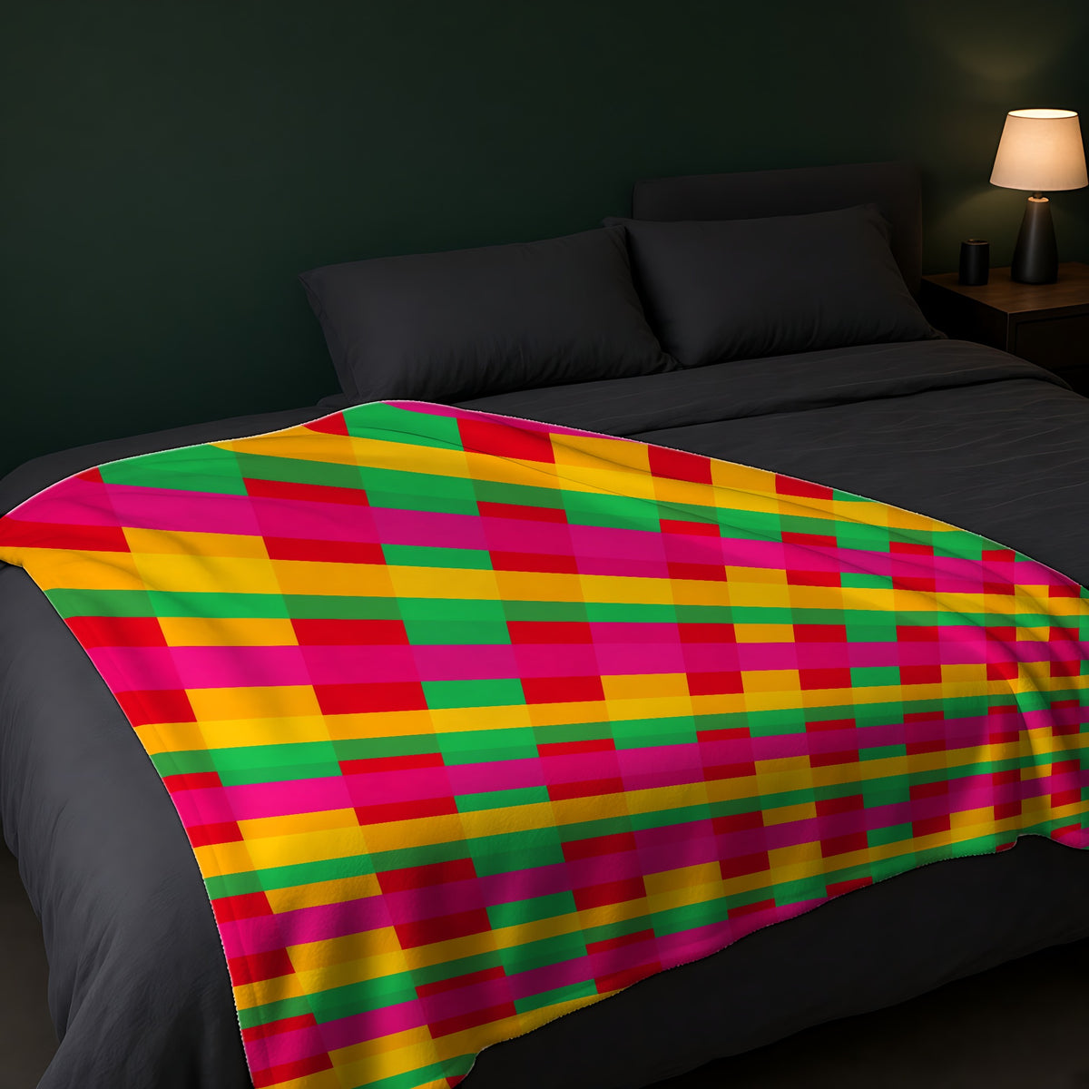 Grand Jewel Plaid Sherpa Fleece Blanket across the foot of a dark bed
