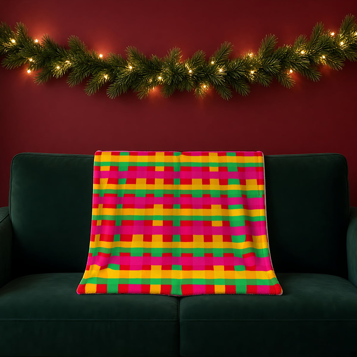 Grand Jewel Plaid sherpa fleece blanket in the Christmas Jewel Bright palette, draped over a green sofa in a festive room with a garland and fairy lights