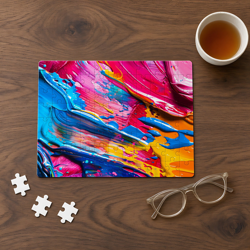 Rainbow Paint Smear Jigsaw Puzzle with Tin completed on a walnut table