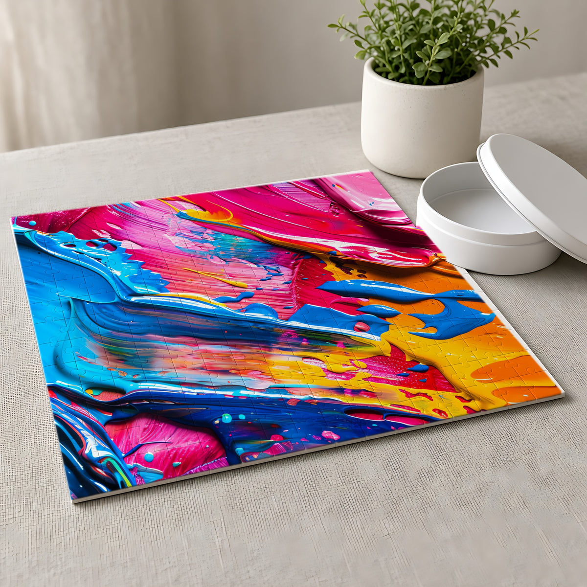 Rainbow Paint Smear Jigsaw Puzzle with Tin completed on a linen tablecloth