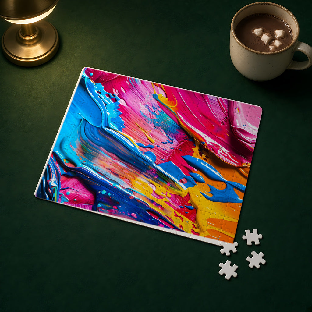 Rainbow Paint Smear Jigsaw Puzzle with Tin completed on a green games table