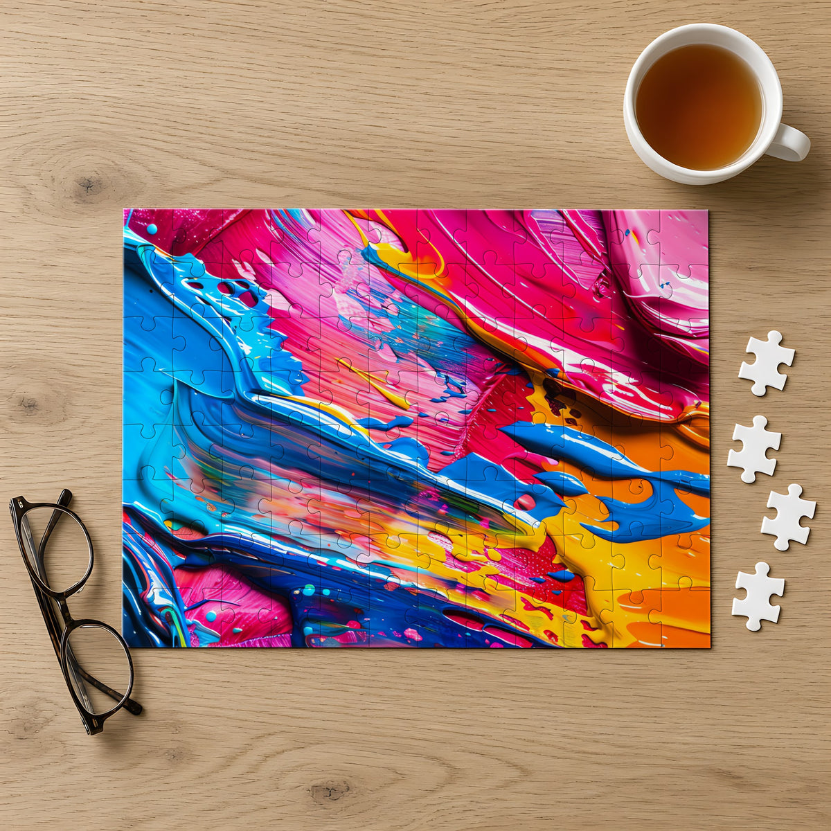 Rainbow Paint Smear Jigsaw Puzzle with Tin completed on a light oak table with a cup of tea