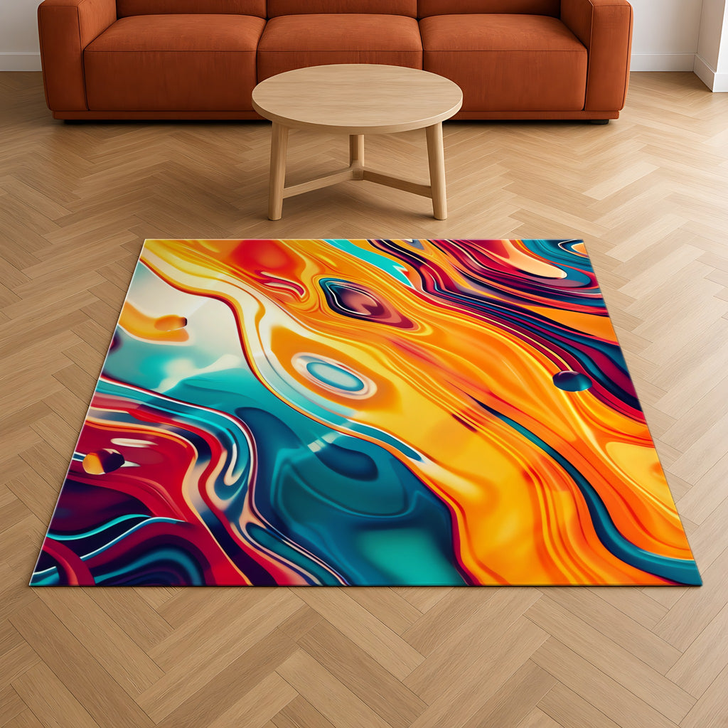 Psychedelic Lava Flow Outdoor Rug on a herringbone wood floor in a living room