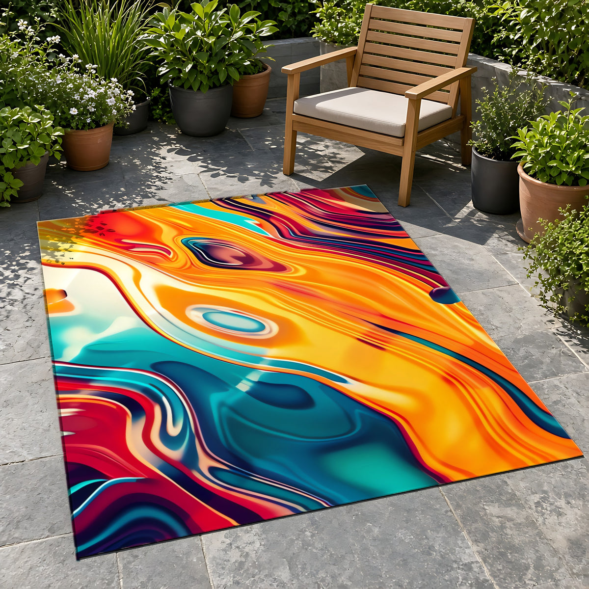 Psychedelic Lava Flow Outdoor Rug on a stone patio with potted plants