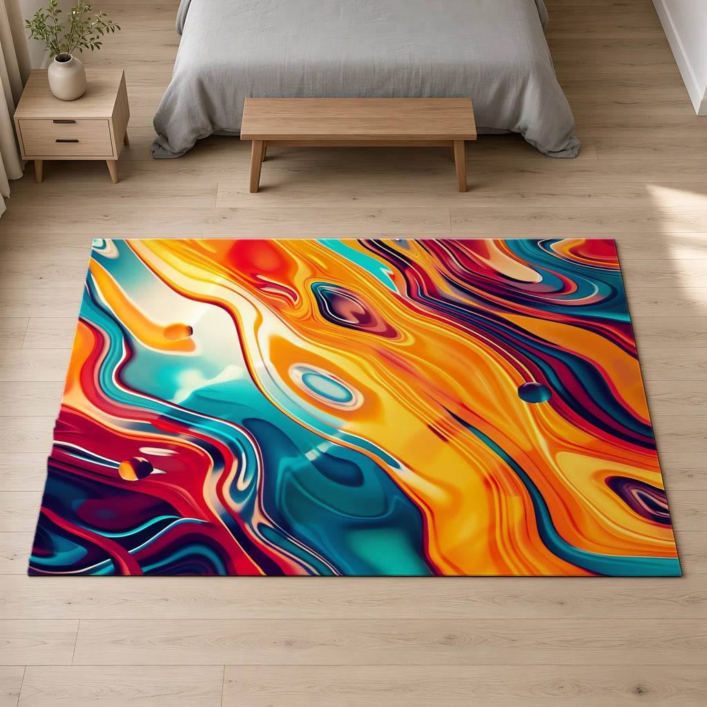 Psychedelic Lava Flow Outdoor Rug on a pale oak floor in a calm bedroom