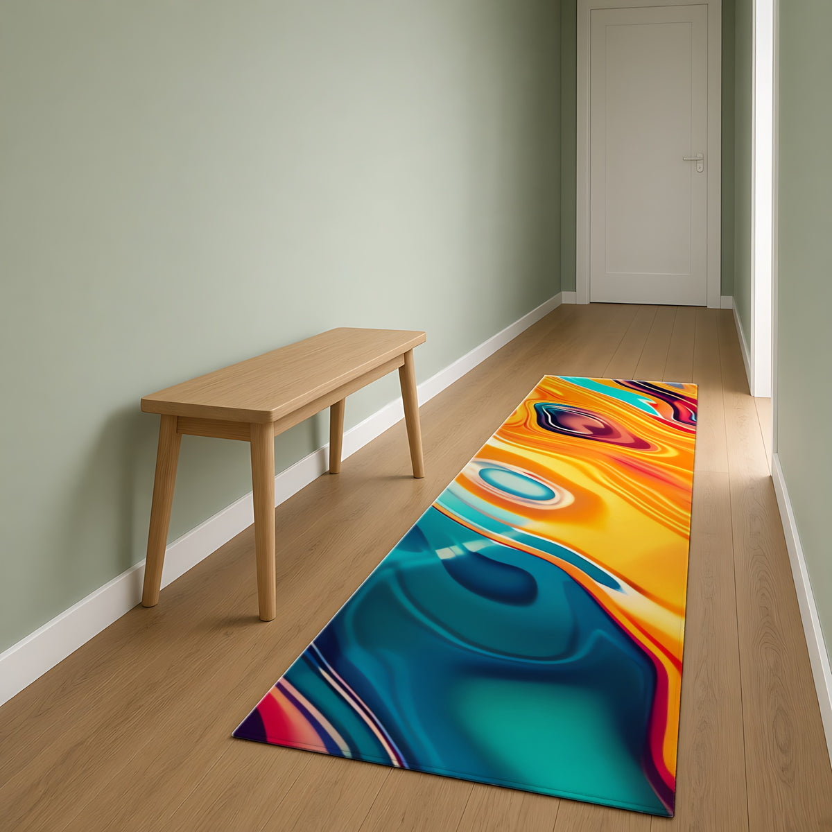 Psychedelic Lava Flow Outdoor Rug as a runner in a sage-green hallway