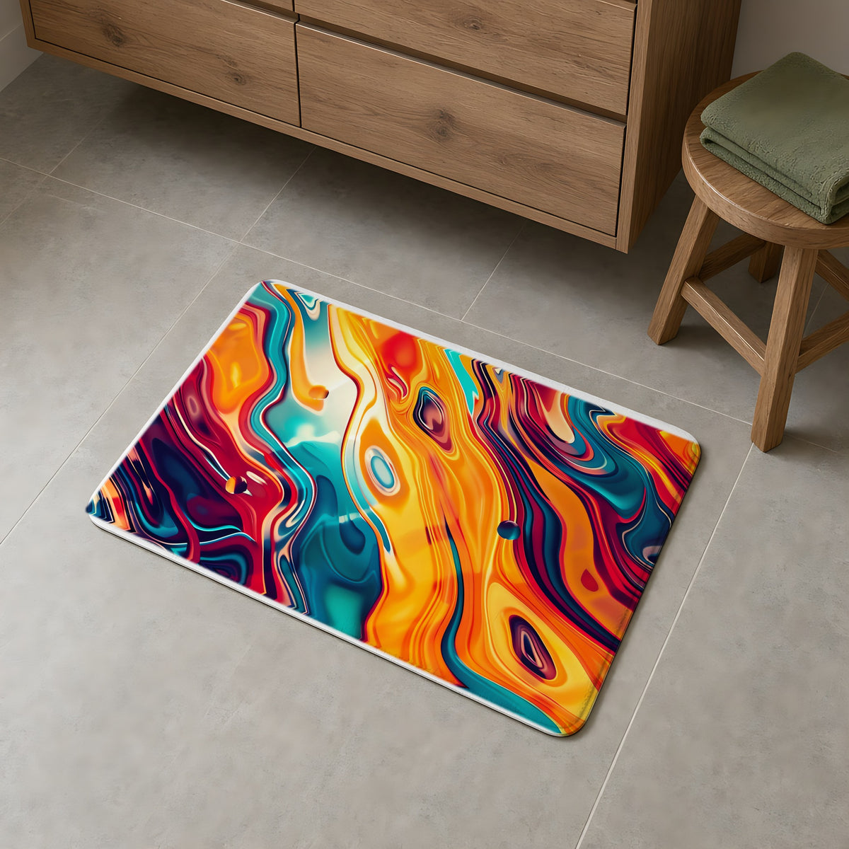 Psychedelic Lava Flow Bath Mat on a grey tiled bathroom floor