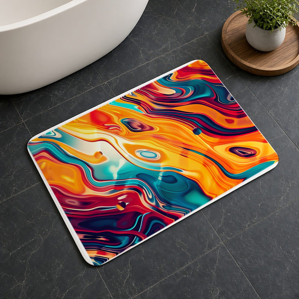 Psychedelic Lava Flow Bath Mat on a dark slate floor beside a bath
