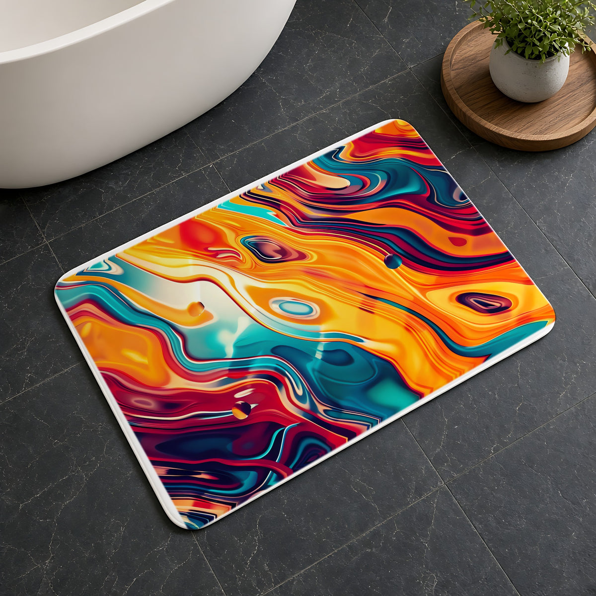 Psychedelic Lava Flow Bath Mat on a dark slate floor beside a bath
