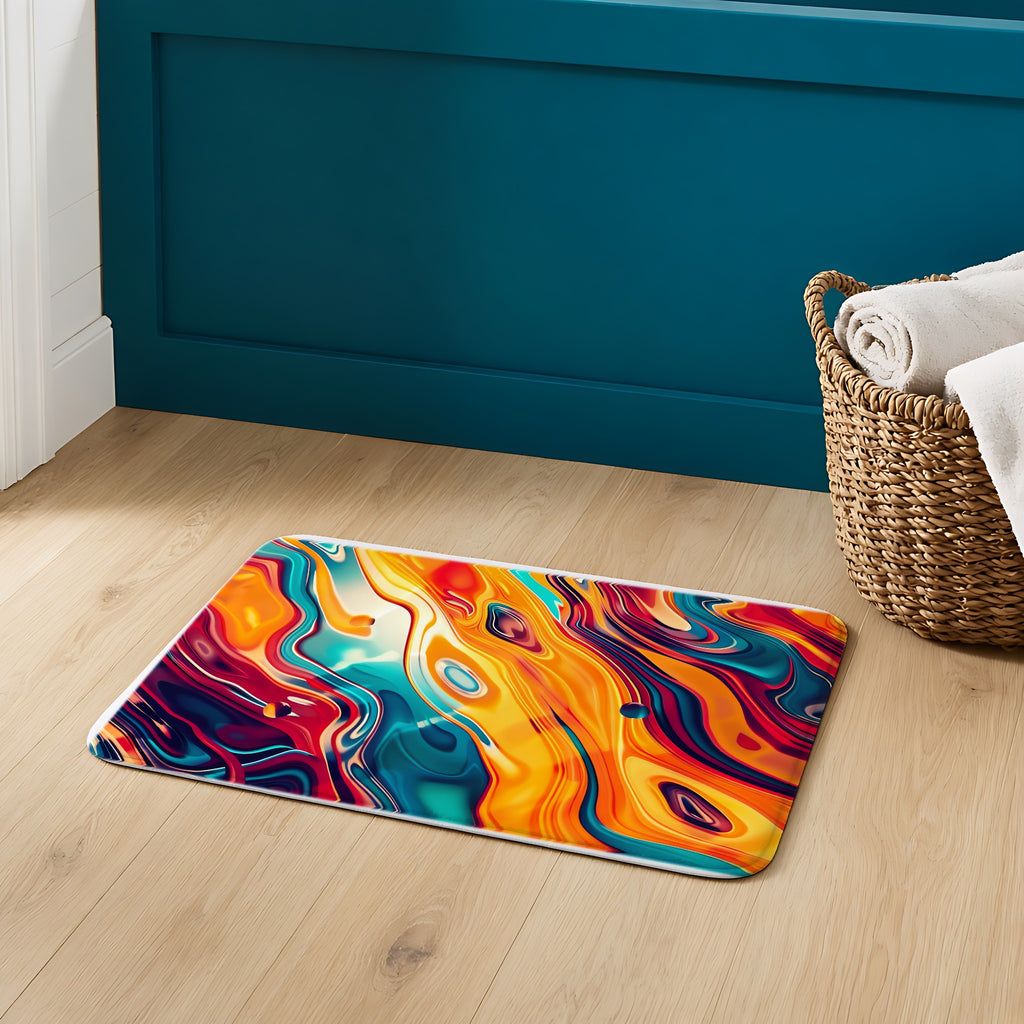 Psychedelic Lava Flow Bath Mat on an oak floor in a teal bathroom