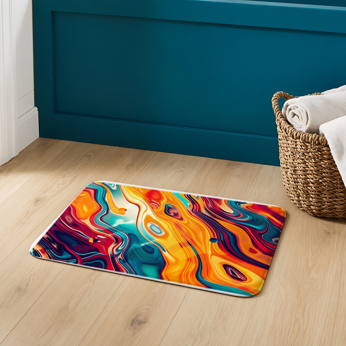 Psychedelic Lava Flow Bath Mat on an oak floor in a teal bathroom