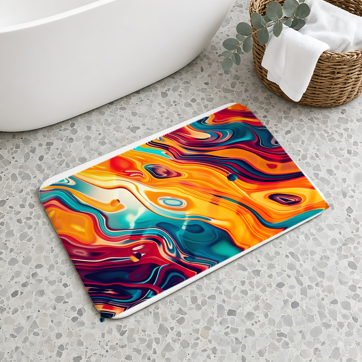 Psychedelic Lava Flow Bath Mat on a terrazzo floor beside a freestanding bath