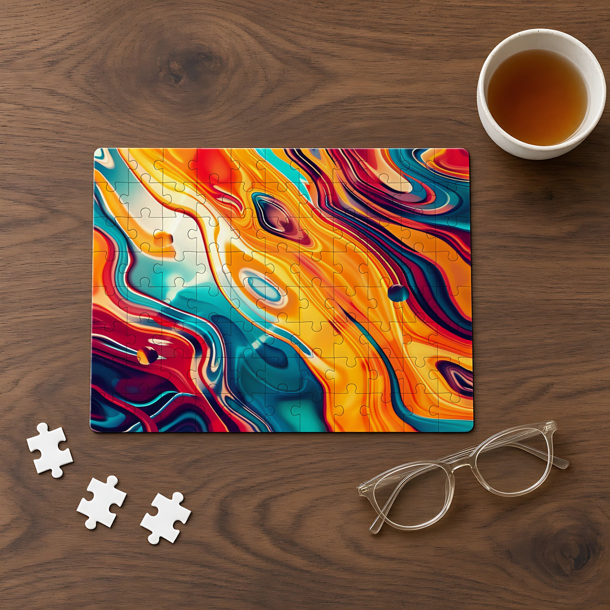 Psychedelic Lava Flow Jigsaw Puzzle with Tin completed on a walnut table