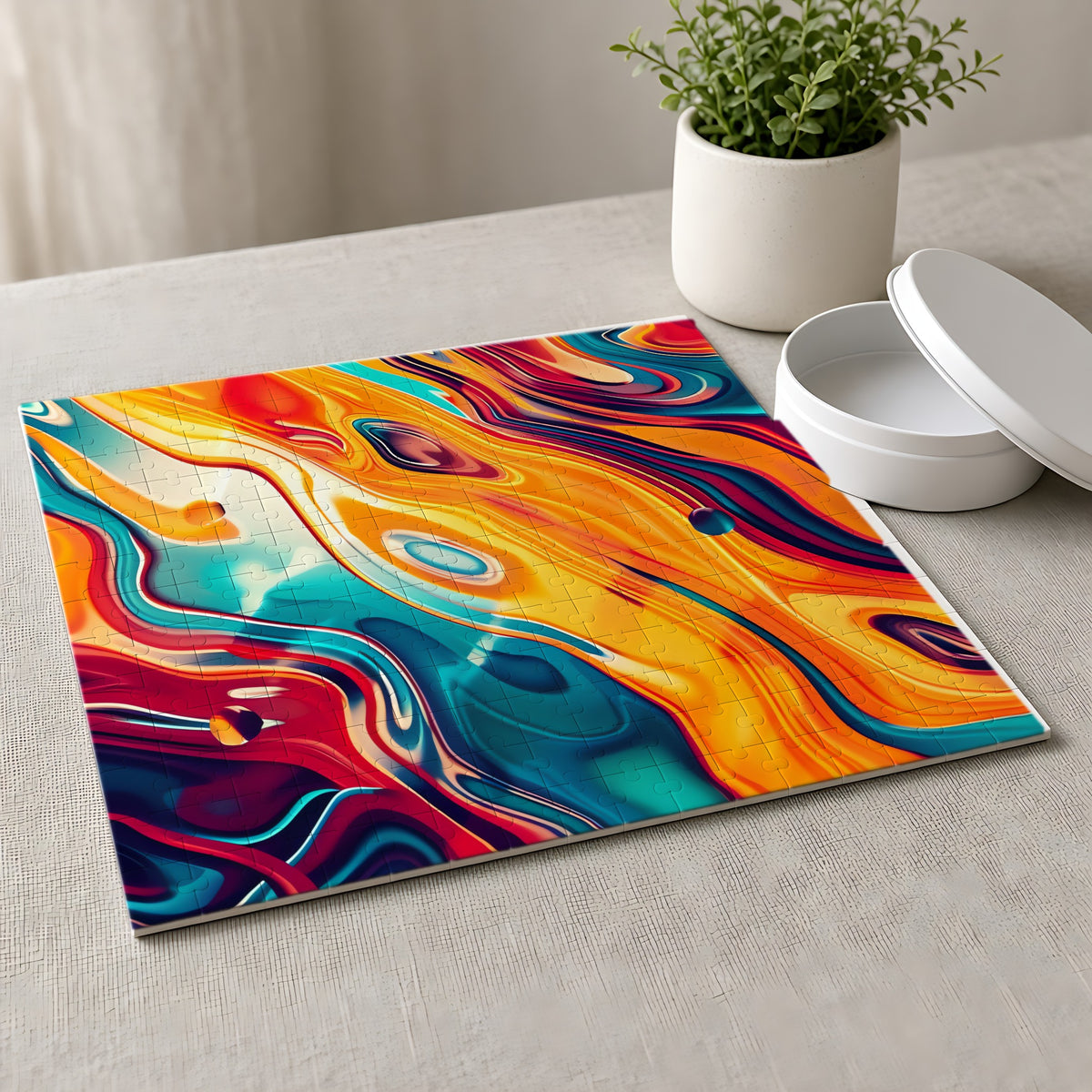 Psychedelic Lava Flow Jigsaw Puzzle with Tin completed on a linen tablecloth