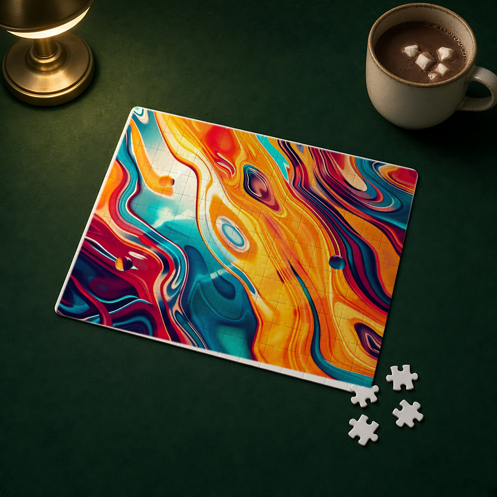 Psychedelic Lava Flow Jigsaw Puzzle with Tin completed on a green games table