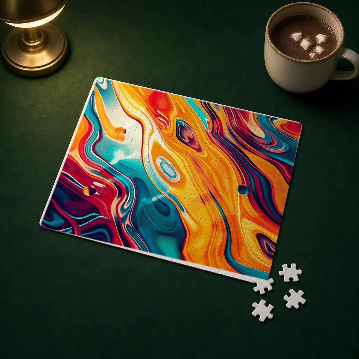 Psychedelic Lava Flow Jigsaw Puzzle with Tin completed on a green games table