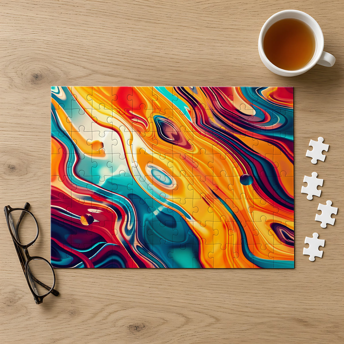 Psychedelic Lava Flow Jigsaw Puzzle with Tin completed on a light oak table with a cup of tea