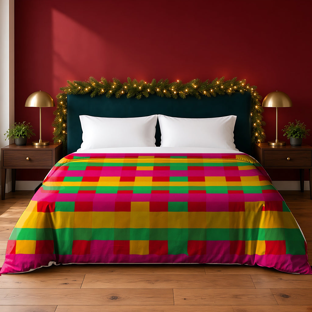 Grand Jewel Plaid cotton duvet cover in the Christmas Jewel Bright palette, on a bed with a green headboard in a festive bedroom with pine garland and fairy lights