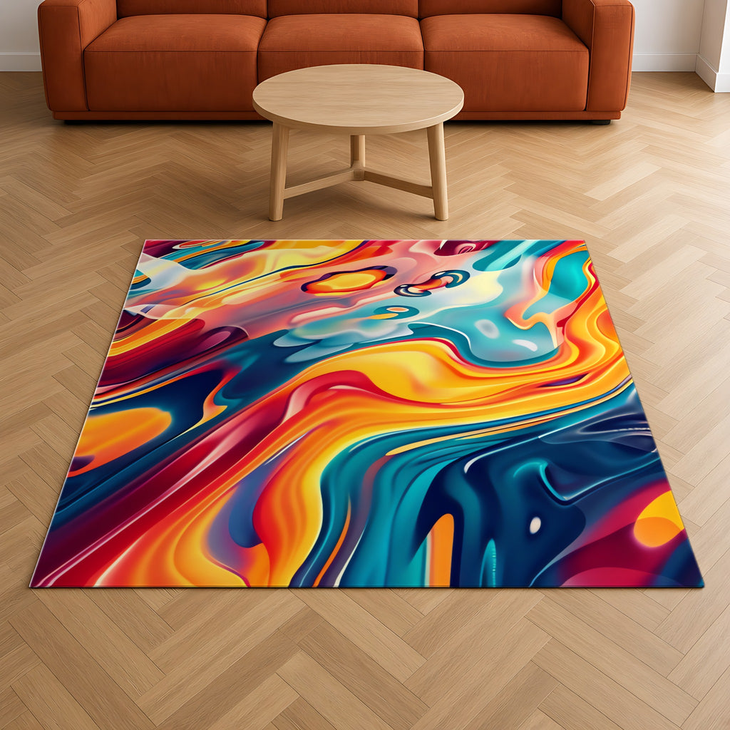 Liquid Rainbow Swirl Outdoor Rug on a herringbone wood floor in a living room