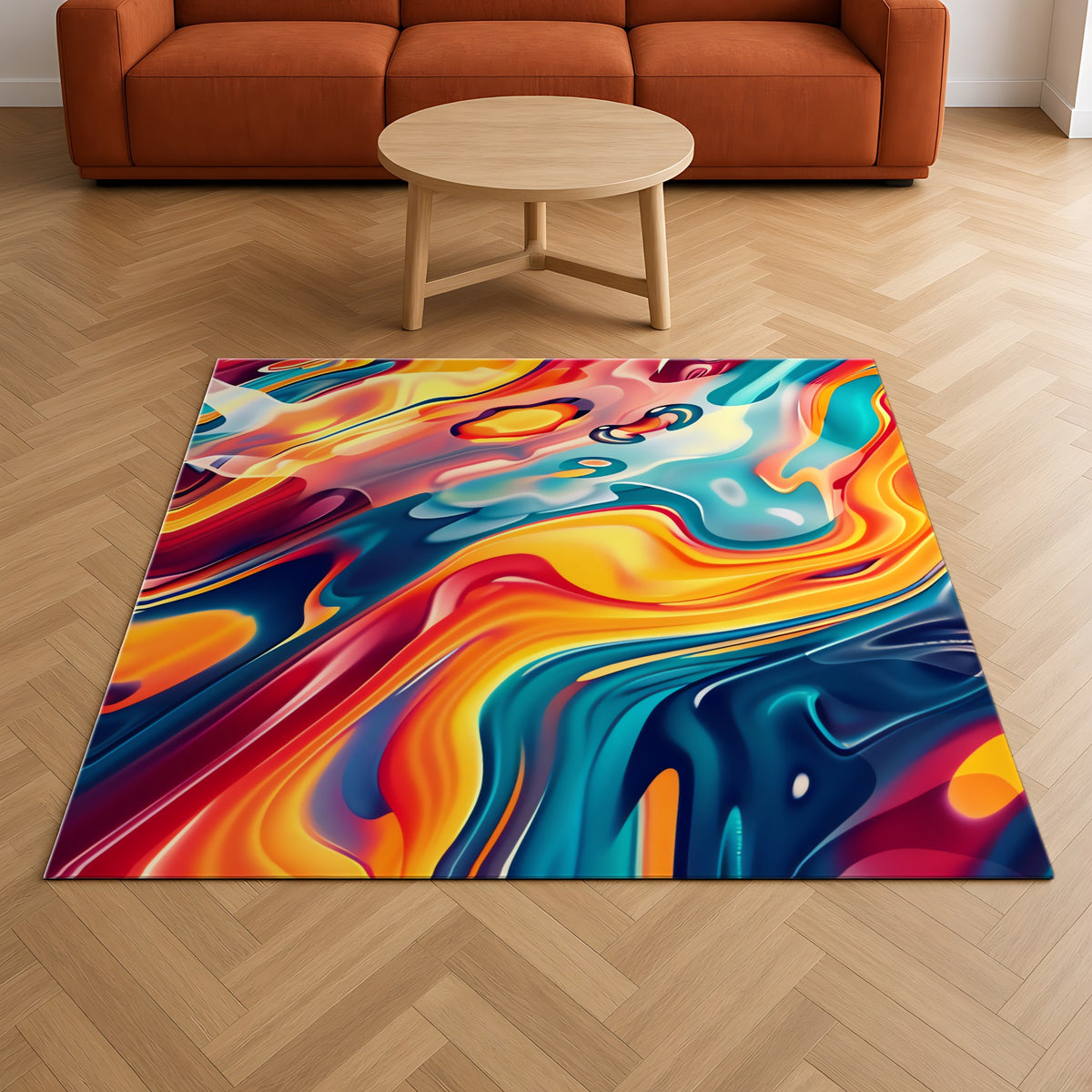 Liquid Rainbow Swirl Outdoor Rug on a herringbone wood floor in a living room