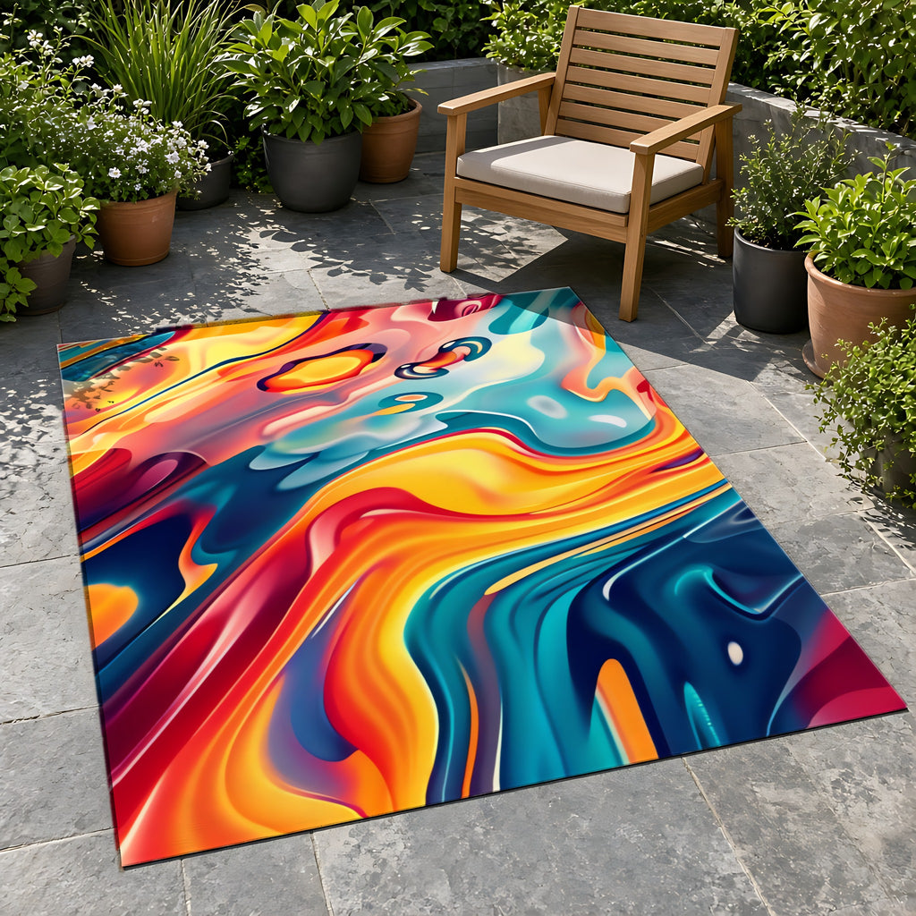 Liquid Rainbow Swirl Outdoor Rug on a stone patio with potted plants