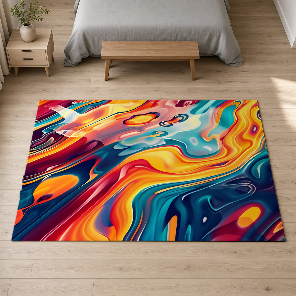 Liquid Rainbow Swirl Outdoor Rug on a pale oak floor in a calm bedroom