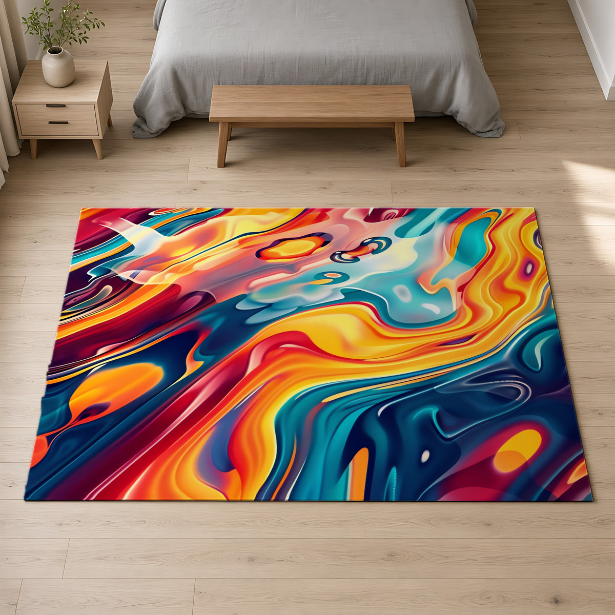 Liquid Rainbow Swirl Outdoor Rug on a pale oak floor in a calm bedroom