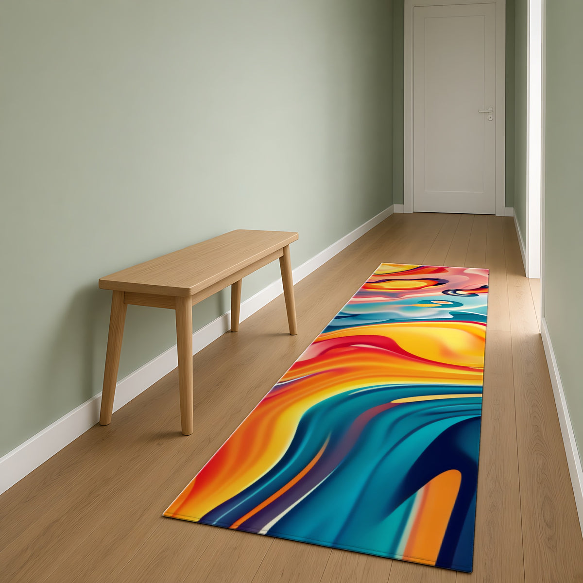 Liquid Rainbow Swirl Outdoor Rug as a runner in a sage-green hallway