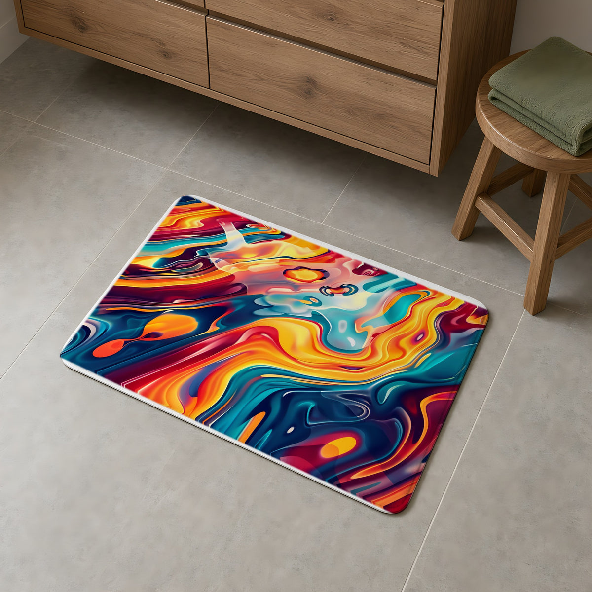 Liquid Rainbow Swirl Bath Mat on a grey tiled bathroom floor