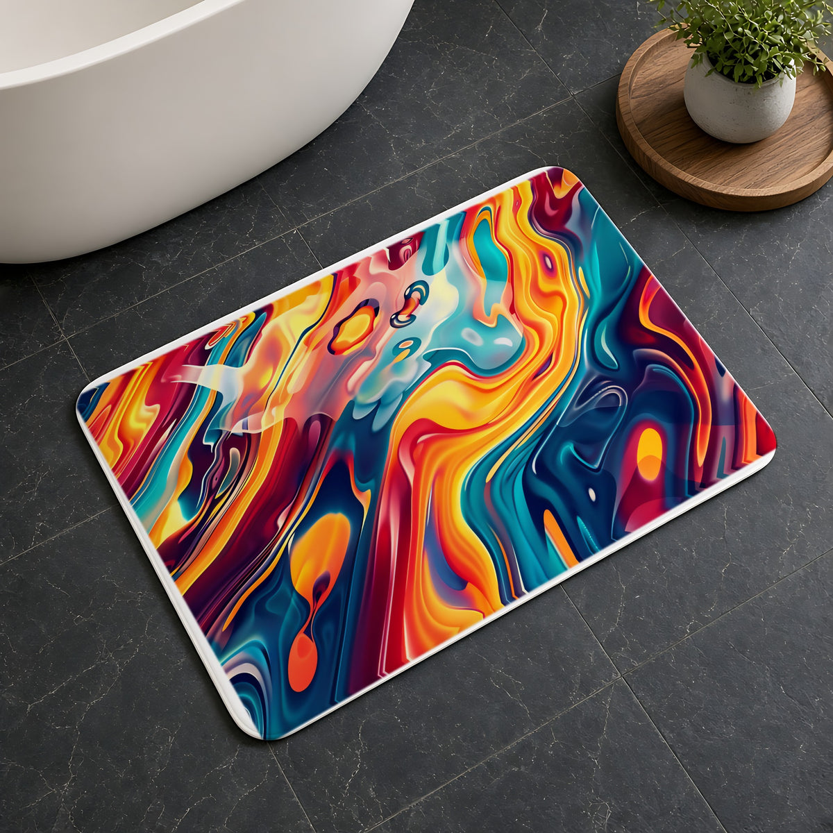 Liquid Rainbow Swirl Bath Mat on a dark slate floor beside a bath