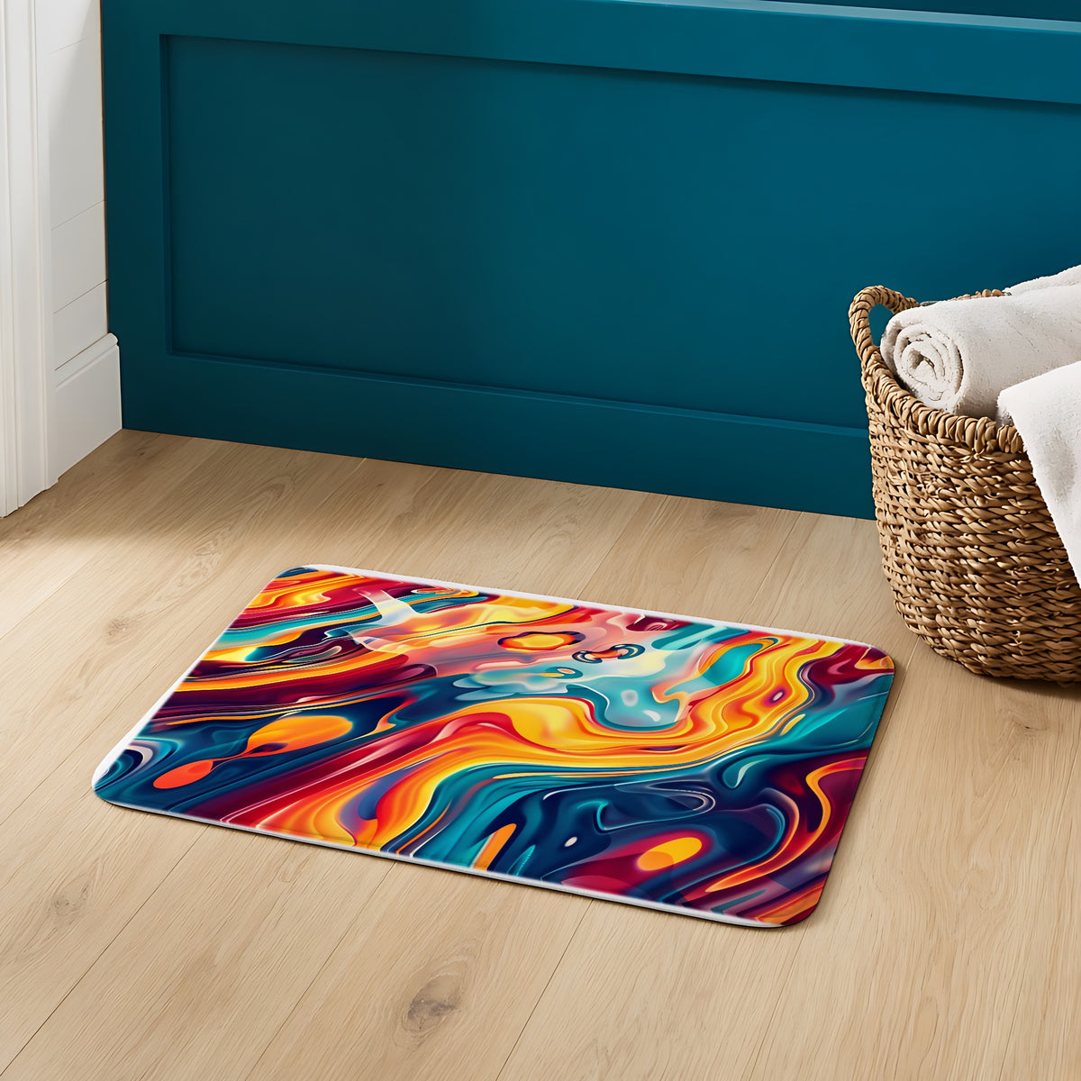 Liquid Rainbow Swirl Bath Mat on an oak floor in a teal bathroom