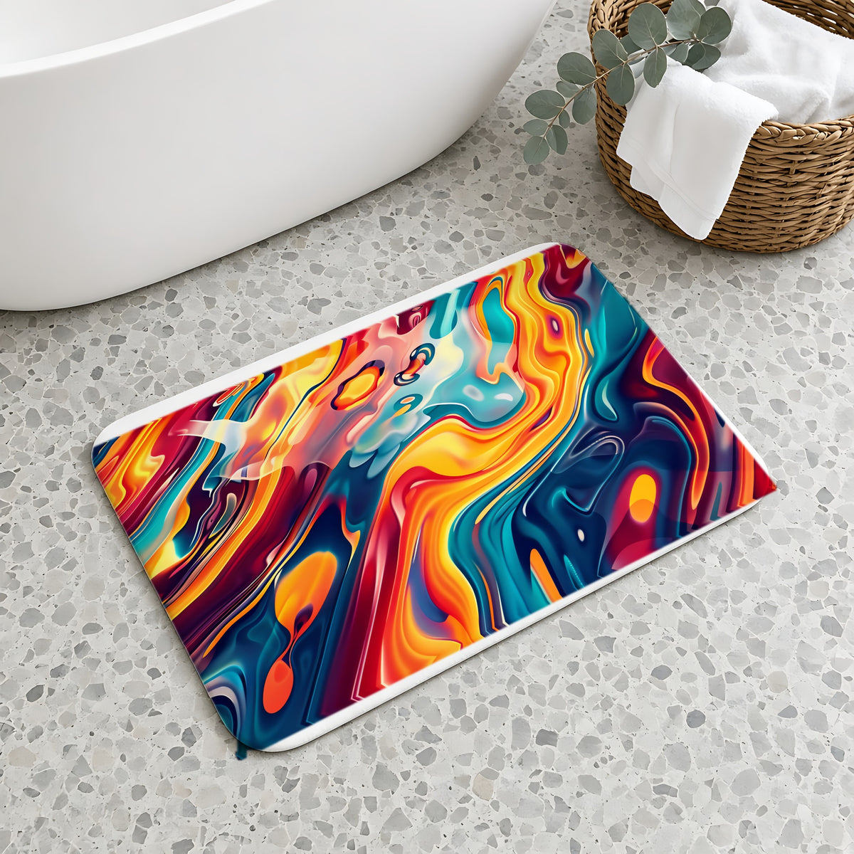Liquid Rainbow Swirl Bath Mat on a terrazzo floor beside a freestanding bath