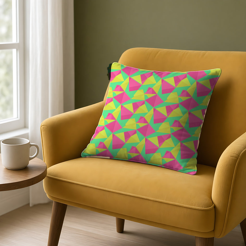 Faceted Panels Faux Suede Cushion on a mustard armchair by a window