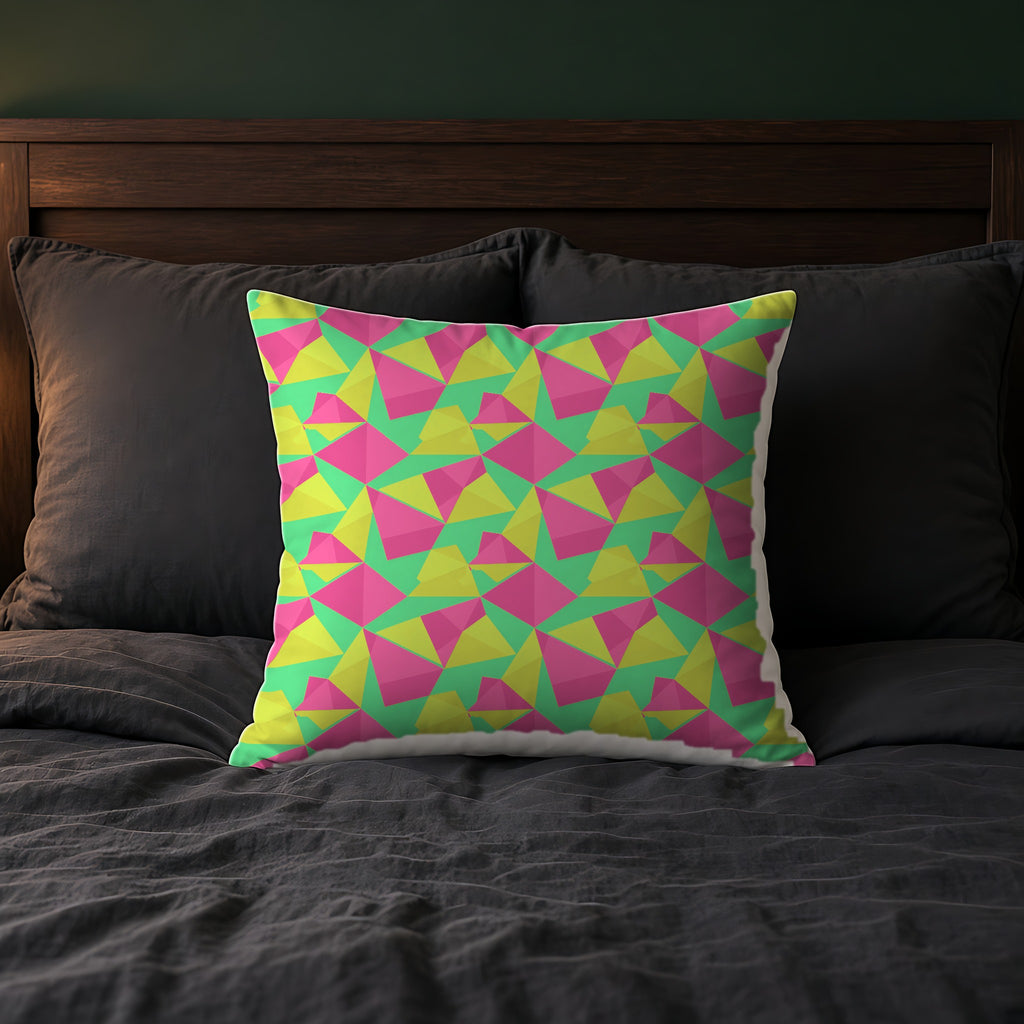 Faceted Panels Faux Suede Cushion on a bed with charcoal bedding