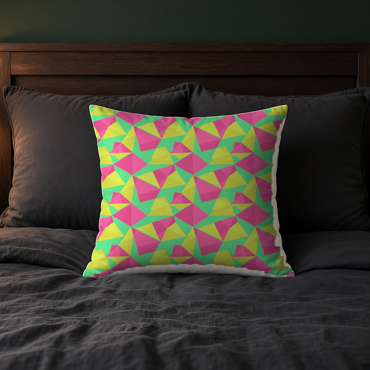 Faceted Panels Faux Suede Cushion on a bed with charcoal bedding