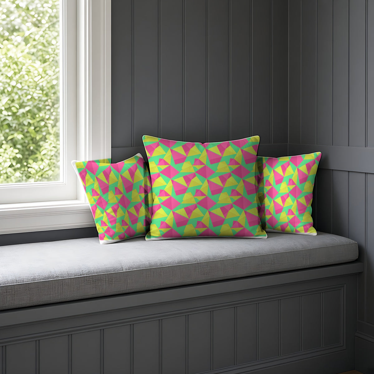 Faceted Panels Faux Suede Cushion on a window seat