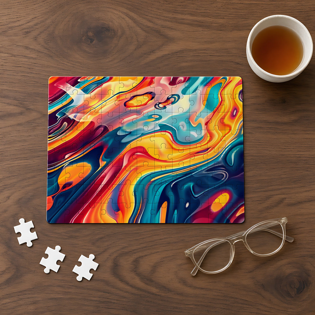 Liquid Rainbow Swirl Jigsaw Puzzle with Tin completed on a walnut table