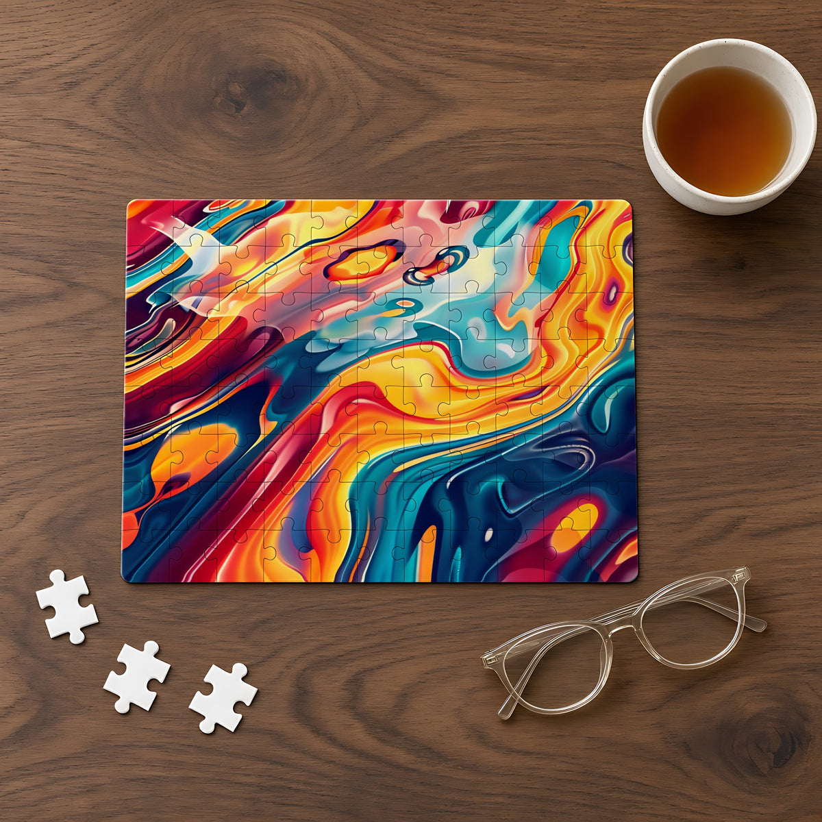 Liquid Rainbow Swirl Jigsaw Puzzle with Tin completed on a walnut table