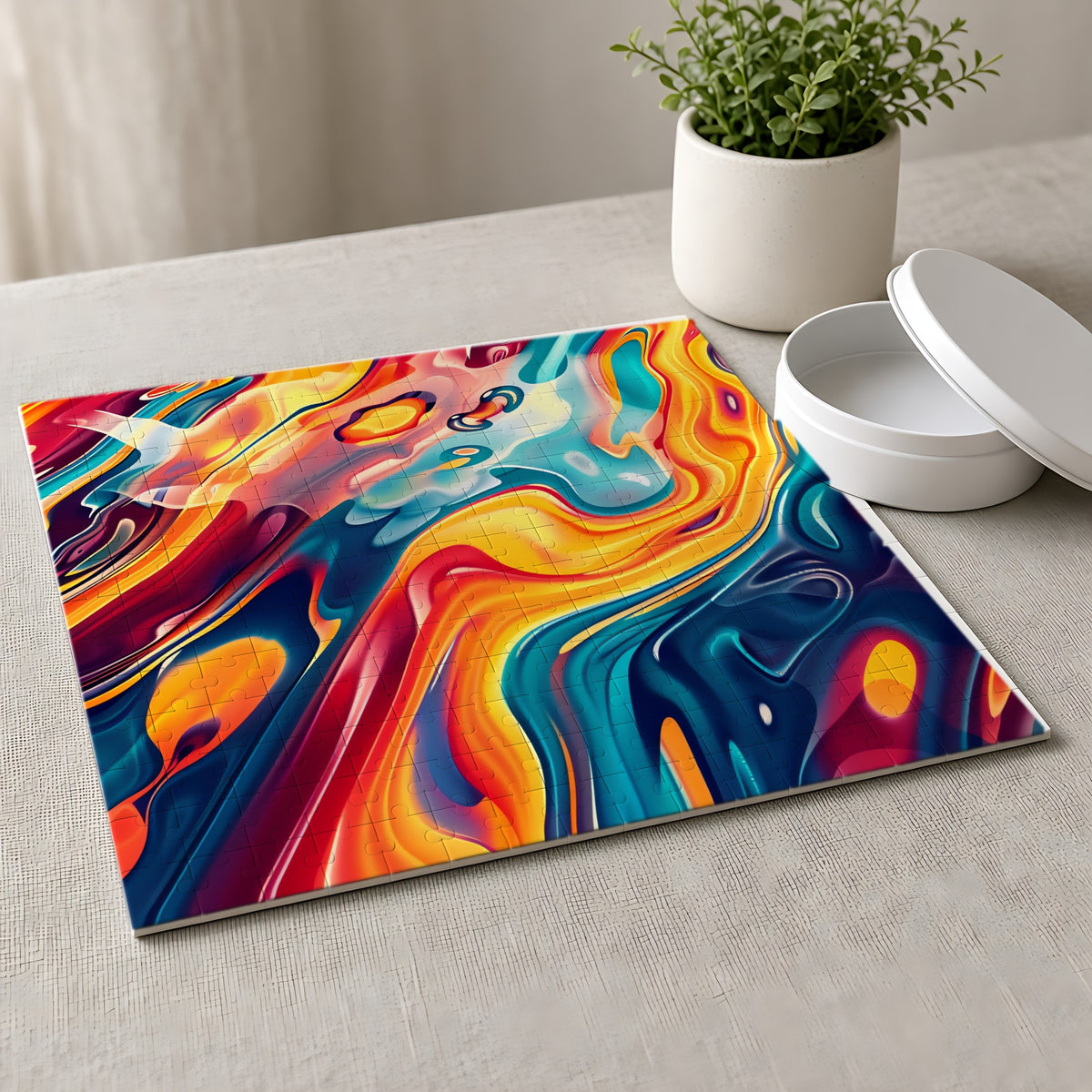 Liquid Rainbow Swirl Jigsaw Puzzle with Tin completed on a linen tablecloth