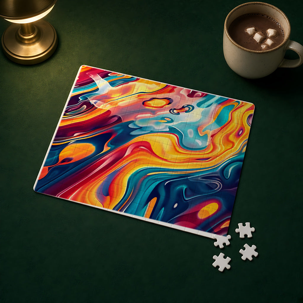 Liquid Rainbow Swirl Jigsaw Puzzle with Tin completed on a green games table