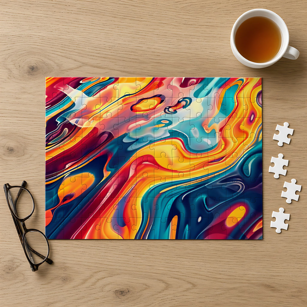 Liquid Rainbow Swirl Jigsaw Puzzle with Tin completed on a light oak table with a cup of tea