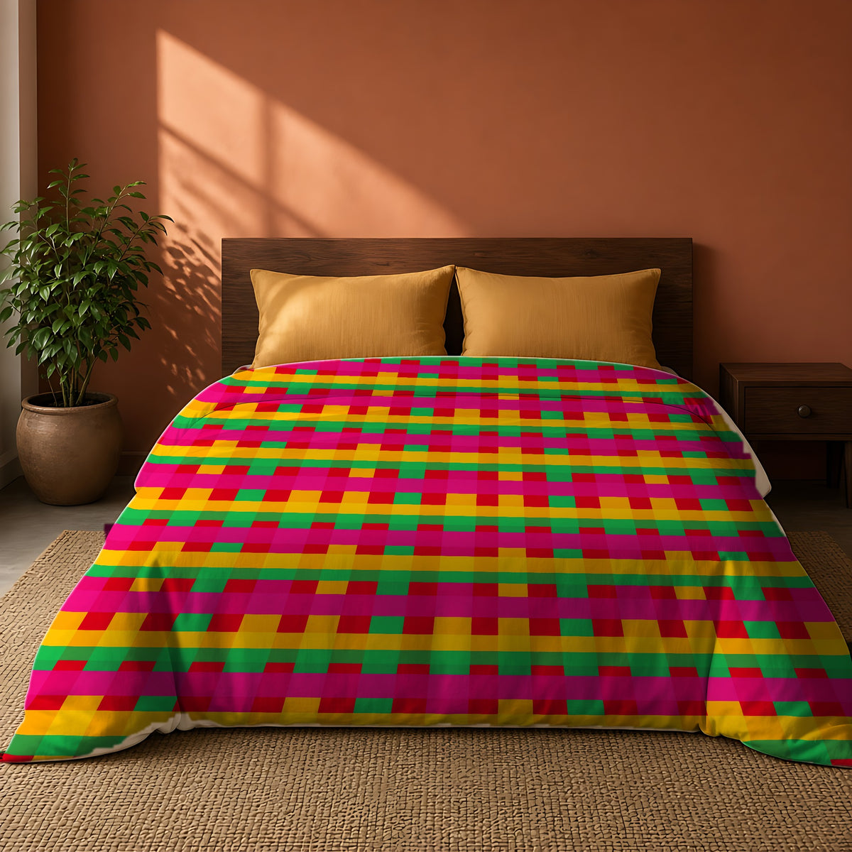Grand Jewel Plaid Comforter on a king bed against a warm terracotta wall