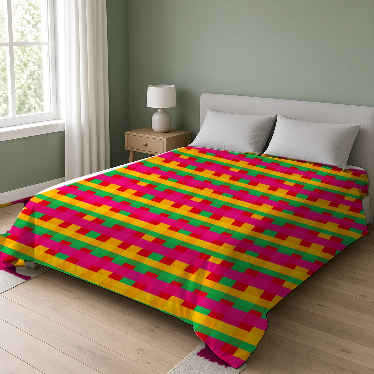 Grand Jewel Plaid Comforter on a double bed in a bright sage-green bedroom