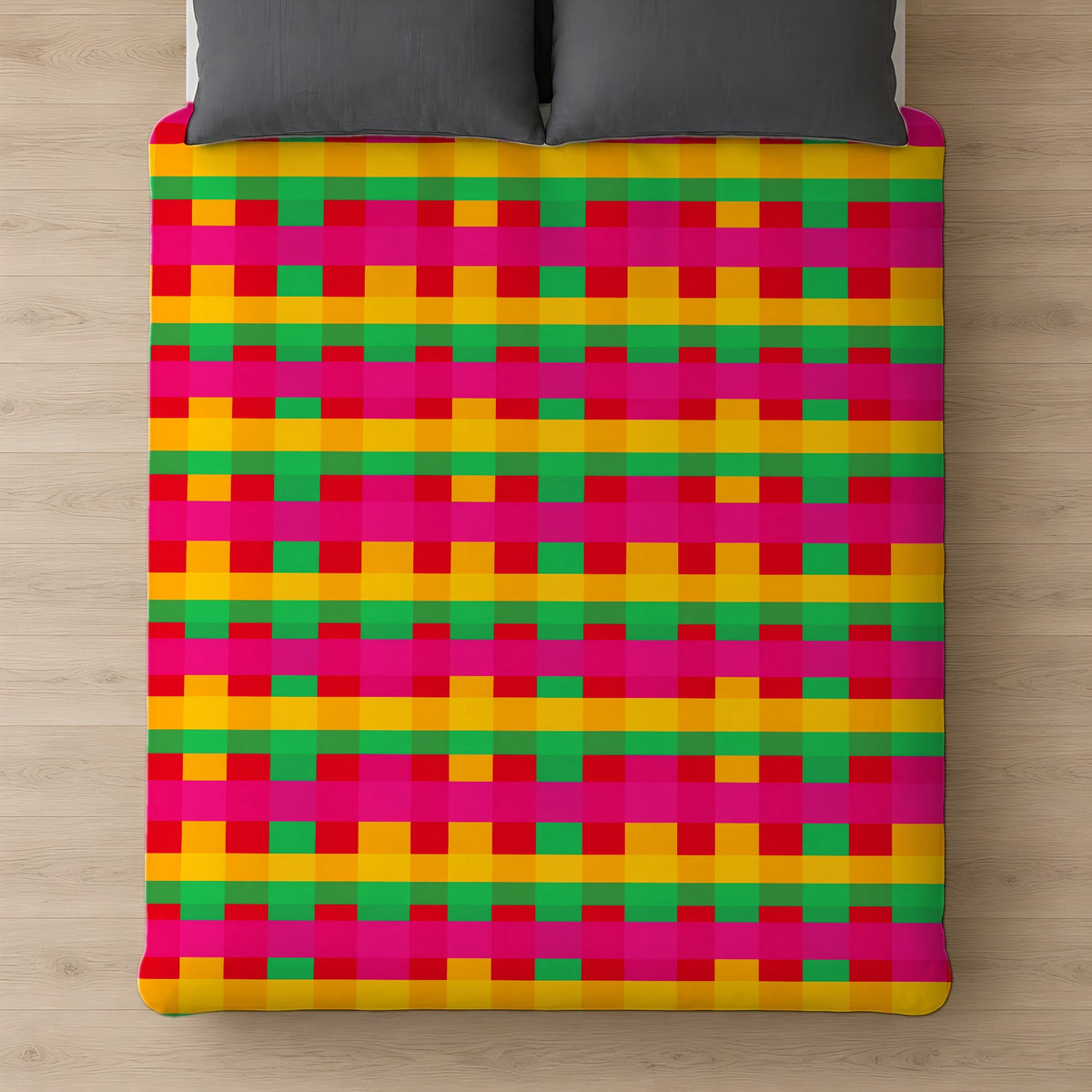 Grand Jewel Plaid Comforter on a bed, seen from above
