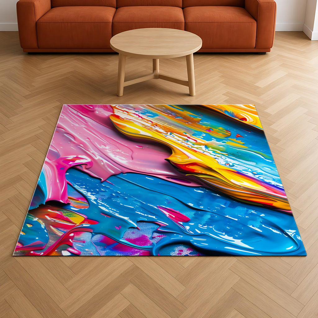 Vivid Paint Strokes Outdoor Rug on a herringbone wood floor in a living room