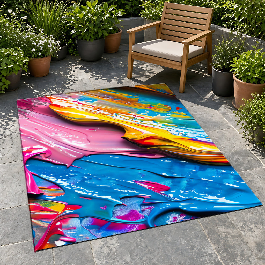 Vivid Paint Strokes Outdoor Rug on a stone patio with potted plants