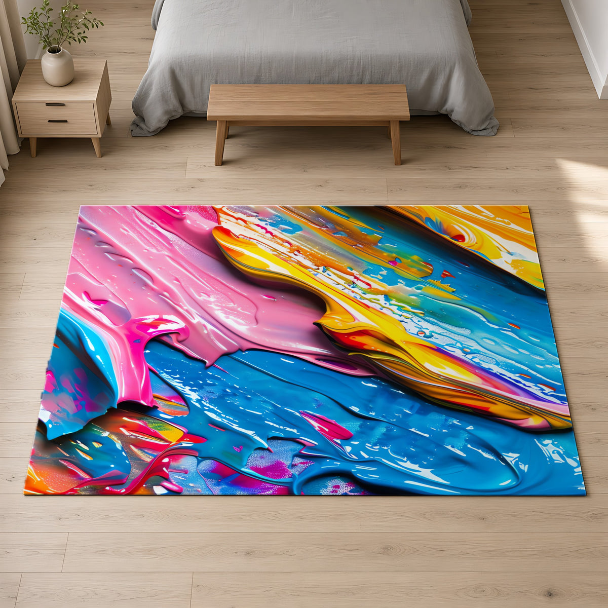 Vivid Paint Strokes Outdoor Rug on a pale oak floor in a calm bedroom