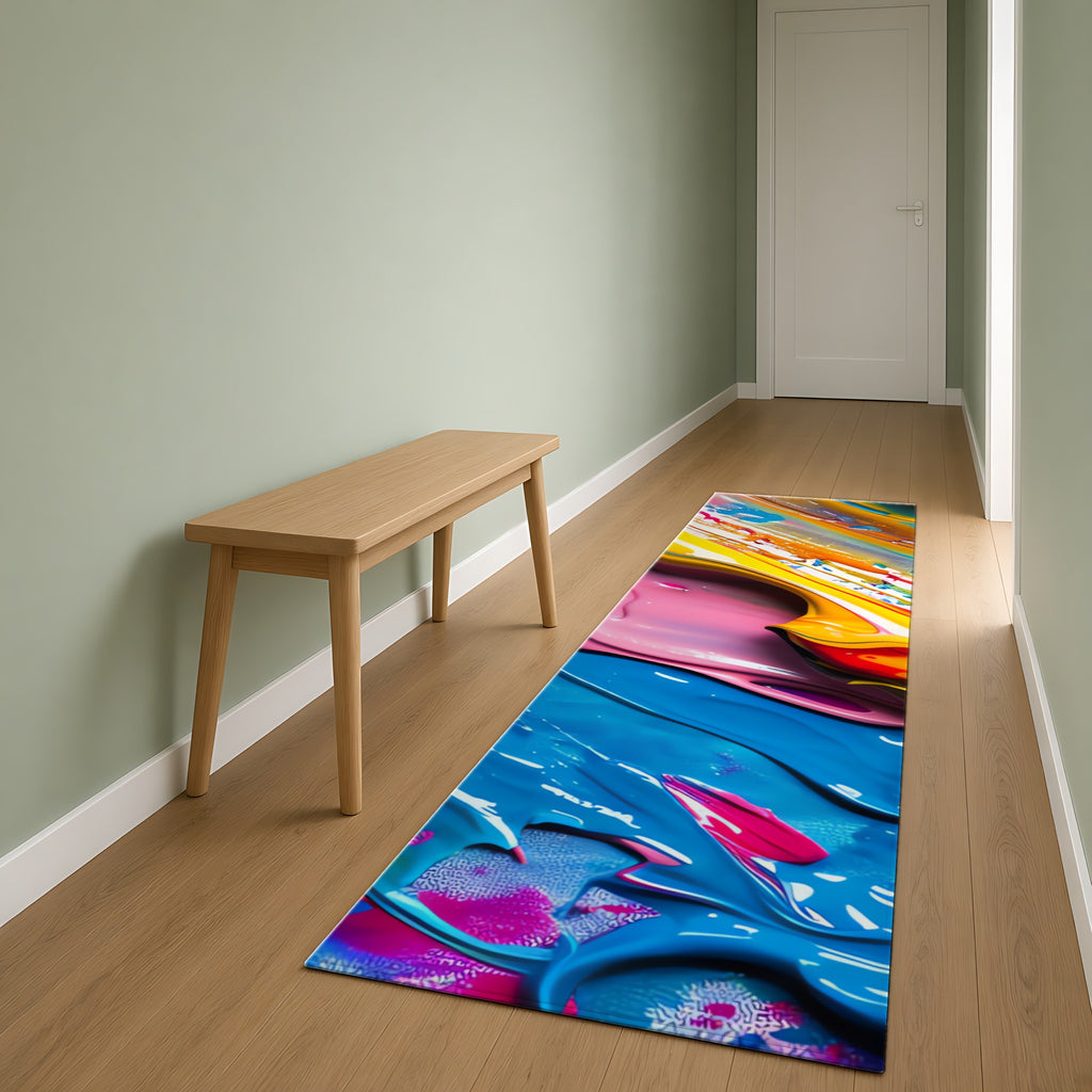Vivid Paint Strokes Outdoor Rug as a runner in a sage-green hallway